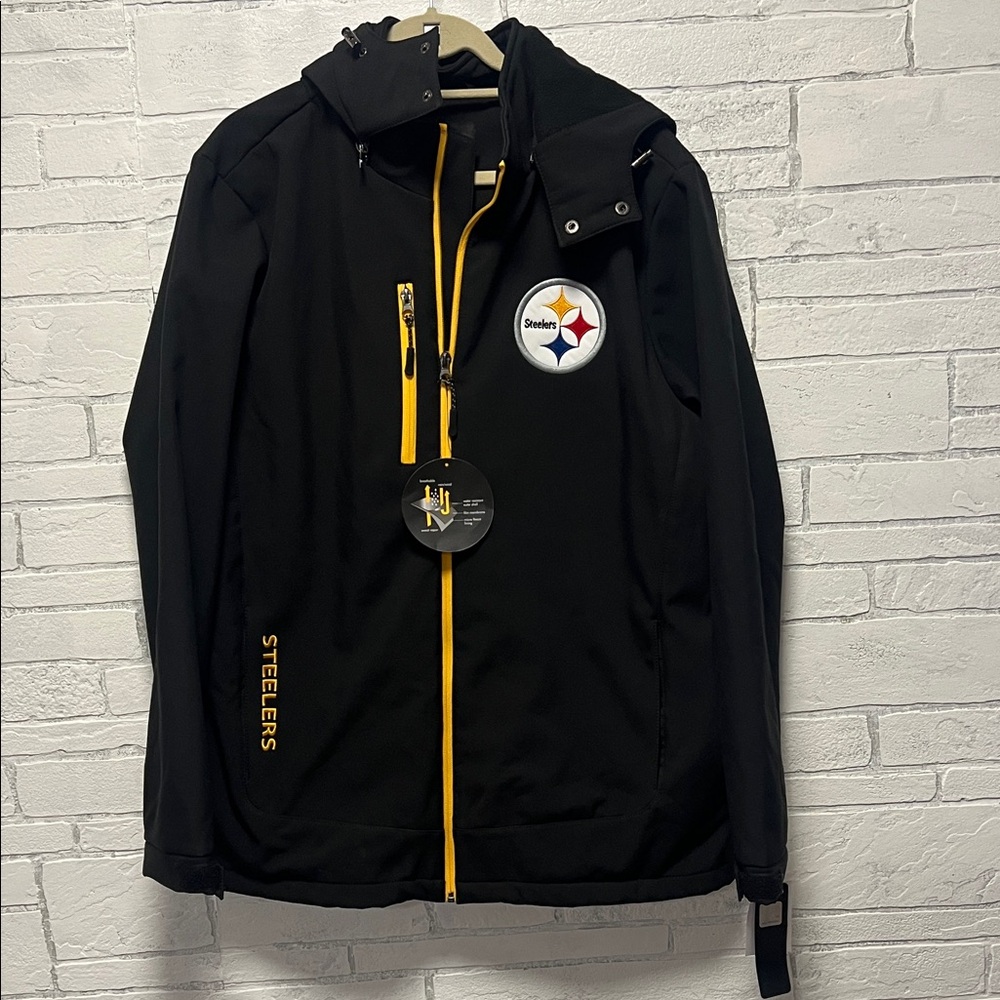 New NFL Black Winter Jacket. Large. Steelers. Removable Hood. Soft shell